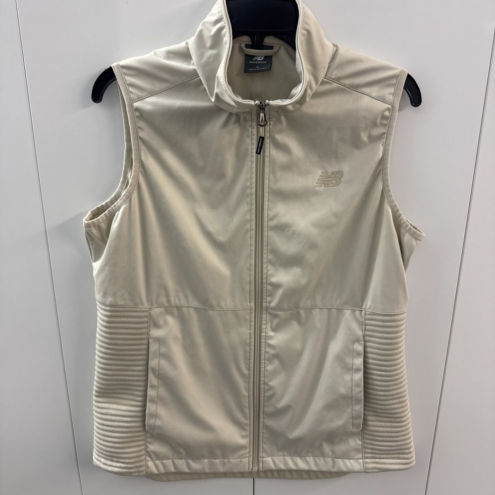 New Balance Full Zip Vest Womens Large Beige Excellent Ribbed Athletic Running